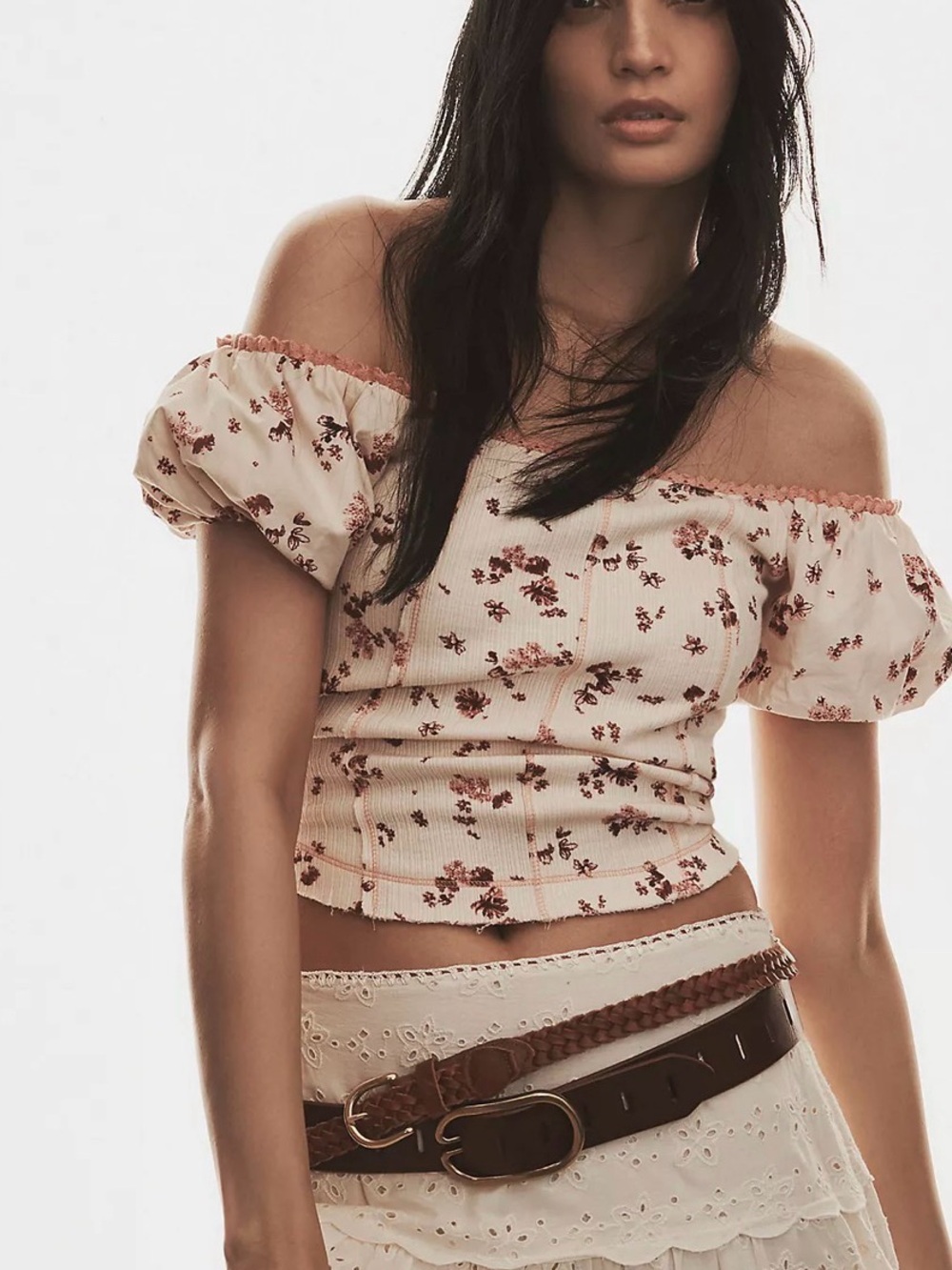 Anthropologie Off-Shoulder Floral Crop Top in Cream and Rose NWT